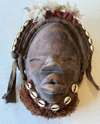 Vintage African Dan Tribe Ceremonial Carved Wood Mask Sea Shells