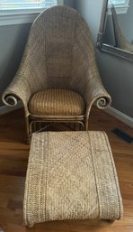 Bloomingdales Rolled Arms Sculptural Woven Rattan Lounge Chair With Foot Rest Wicker Set #2 Of 2