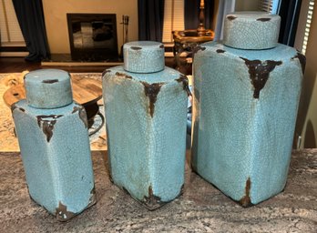Set Of 3 Large Turquoise Crackle Glaze Distressed Ceramic Vase Jar