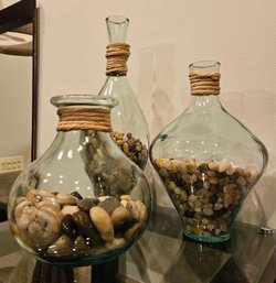 Lot Of 3 Elegant Decorative Glass Bottle Jars Vase With Stones Beach Theme