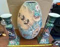 Decorative Clay Flower Vase With Birds And Two Matching Candlesticks Holders