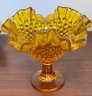 Two  Vintage Candy Dishes. One Ruffle Top Hobnail Amber, The Other Blue Square Lidded.