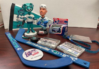 Hockey, Worcester, Ice Cats Souvenir Collector Lot. Bobble Heads, Trading Cards, Hockey Sticks.