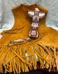 American Indian, Native Americans Hanging Totem Wind Chime And Leather Vest