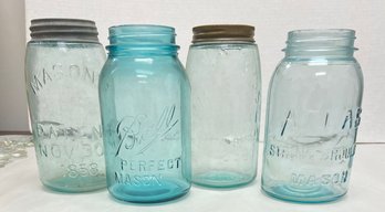 Lot Of 4- Vintage Quart Canning Jars, 1 Ball, 1 Atlas & 2 Mason Brands