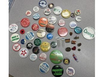 Huge Vintage Lot Of 50 Pin, Pin Backs, Lapel Shirt & Hat Pins, Buttons, Mattel Hot Wheels Pins Etc!