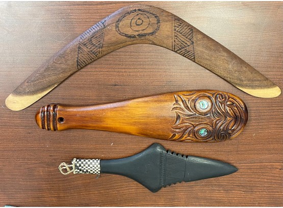 Boomerang, Wood Carved Spearhead & Vintage Maori Mere Patu Wahaika War Club Tiki Wood Hand Carved New Zealand
