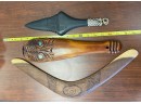 Boomerang, Wood Carved Spearhead & Vintage Maori Mere Patu Wahaika War Club Tiki Wood Hand Carved New Zealand
