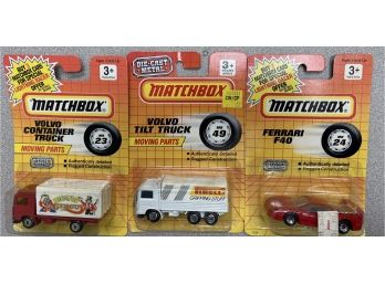 3 Matchbox Car/trucks Ferrari F40, Volvo Tilt Truck & Volvo Container Truck