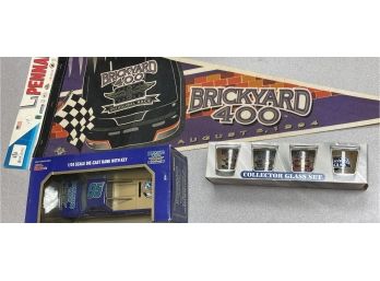 NASCAR Brickyard 400 1/24 Scale 8/595 Die-cast Bank Pennant 8694 & New Shot Glasses