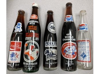 5 Pepsi/Coke Commemorative Bottles 1982 Penn State Nat Champ, 1973 Tx/OK, 1975 Cincinnati Reds Wheaties Box