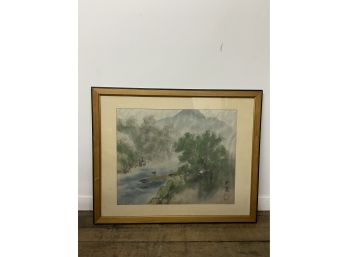 Japanese Framed And Signed Art Work On Fabric