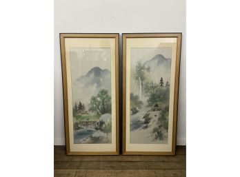 Pair Of Vintage Japanese Framed Art On Fabric