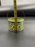 Vaseline Uranium Glass Bowl In Ornate Metal Carrier