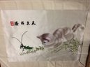 Chinese Embroidered Cat And Praying Manthis On Silk