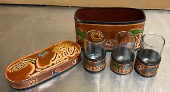 Aruba Mini Drink Glasses In Tooled Leather Case