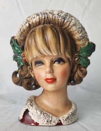 Napcoware Lady Head Vase / Planter Christmas X7638 Holly Headband W/Earrings