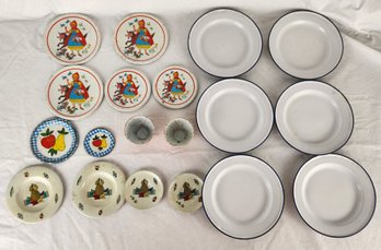 Six 7' Enamelware Plates And Vintage Metal Kids Plates & Tea Cups Lot
