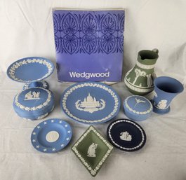 Large Lot Of Wedgewood Blue & Green Jasperware (covered Trinket Boxes, Plates, Pitcher, Dish & Cup)