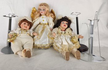 Doll Stands, Angel And Pair Of DanDee Collector's Choice Musicalmusic Box Dolls