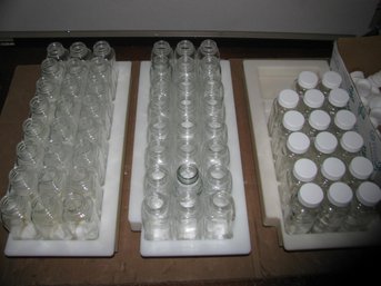 Lot Of 62 Lab French Square 6oz Glass Bottle/Jar/Vial W Cap & (3) RackTray