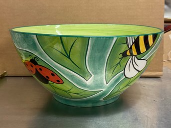 Large Super Nice Clay Art Bowl Butterfly Bee Lady Bug Garden Scene