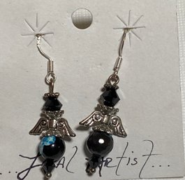 Local Artist Made Sterling Silver Hook Agate & Swarovski Crystals Pierced Earrings (205)