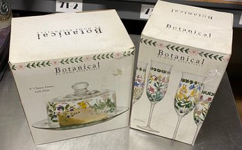 Lot Of 2 New In Box Botanical Home Essentials Cheese Dome And Plate And 4 Flute Glasses