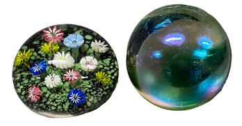 Lot Of 2 Paperweights Iridescent & Flowers