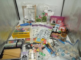 Large Lot Of Art & Crafts Supplies - Pencils, Markers, Paint, Glue Guns, Brushes & Lots More