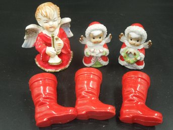 Vintage Made In Japan Christmas Holiday Angel Figures & (3) Rosbro Santa Boots