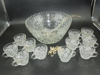 Large 12' Punch Bowl & 11 Matching Cups - Vintage Glassware Lot