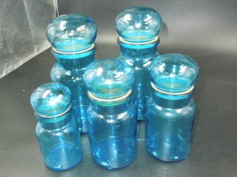 Set Of 5 Blue Vintage Made In Belgium Container/jars With Lids
