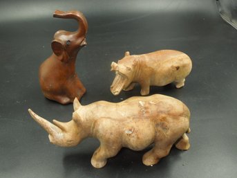 Lot Of Vintage Carved Wood Animals (elephant, Rhinoceros & Hippo/Bear?)