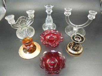 Lot Of Vintage Candle Stick Holders - Ruby Red, Clear, Amber & Back With Gold Trim