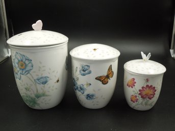 Set Of 3 Lenox Butterfly Meadow Canisters / Storage Containers / Jars With Lids