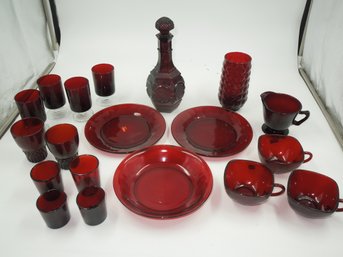 Vintage Ruby Red Glassware / Glass Lot - Cups, Plates, Decanter, Creamer
