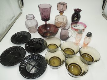 Vintage Glassware / Glass Lot - Black Purple Pink - Cups, Vases, Salt & Pepper Shake And More