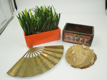 Home Decor - Metal Chinese Fan, Shell, Wood Crate & Artificial Plant Planter