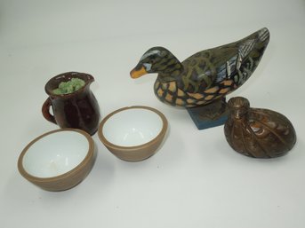 5' Wooden Duck Figure, Wooden Quail, 3.25' Vase & Pair Of 3.5' Bowls - Home Decor