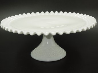Stunning Hobnail Milk Glass Footed Cake Platter Plate Dish With Ruffled Rim -12.5' Diameter