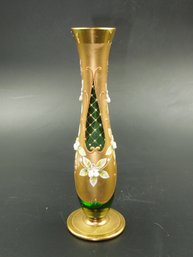 Detailed Hand Painted Green & Gold Flower Themed Glass Vase - 8.25' Tall