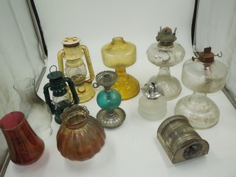 Large Lot Of Vintage Oil Lamps, Glass Lamp Shades & More