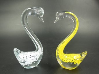 Lof Of 2 Swan Shaped Glass Art - 6.5' Tall Each - Yellow And White