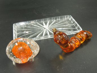 Caterpillar/worm Glass Art, Bubbles Inside Glass Paperweight And Cut Glass Tray