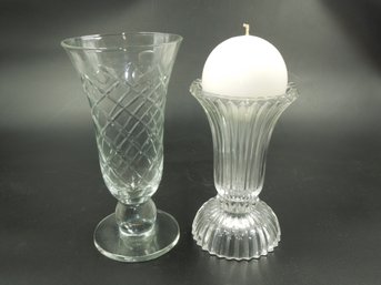 Round Candle With Beautiful 6.75' Glass Candle Holder & 8.25' Cut Glass Vase