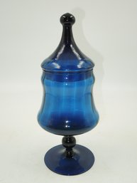 Vintage Blue Glass Footed Jar  With Lid - 12.5' Tall