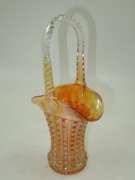 Vintage Orange Iridescent Glass Basket With Handle / Vase - 10' Tall