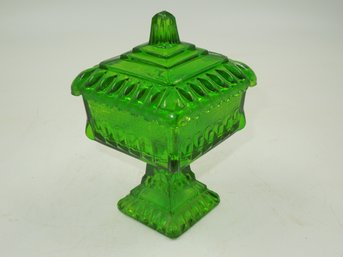 Vintage Green Glass Footed Candy Dish With Lid - 6.25' Tall