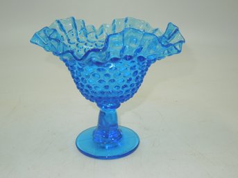 Vintage Blue Hobnail Glass Footed Bowl / Dish With Ruffled Rim - 5.5' Tall